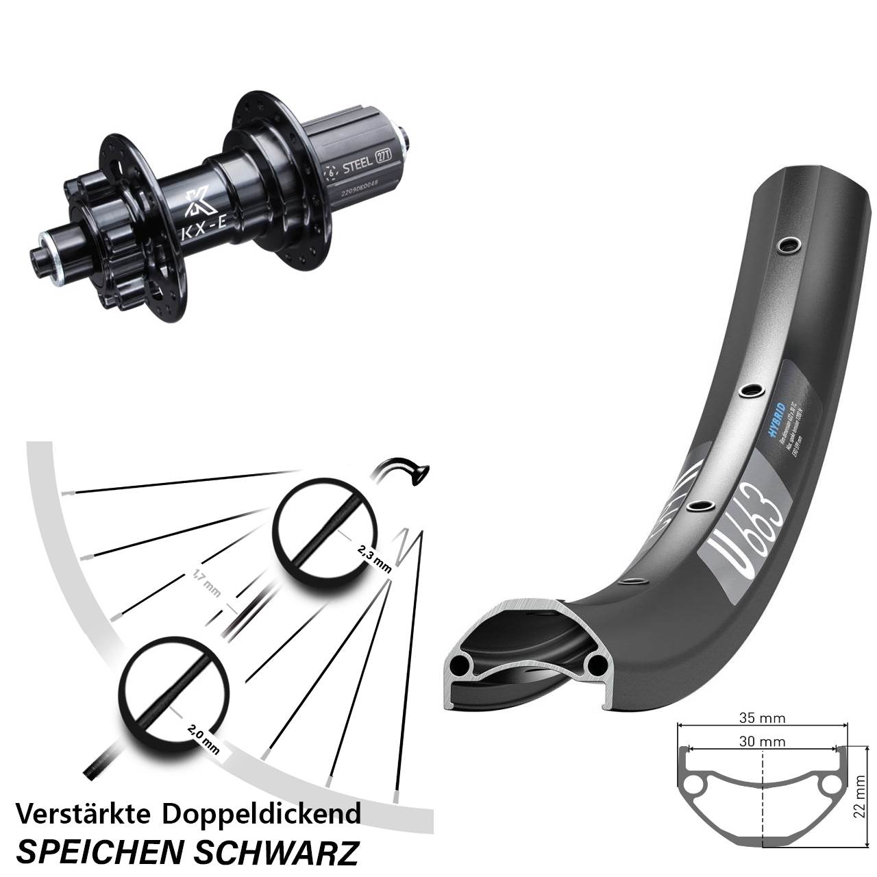 650B Hinterrad DT Swiss U663 KX-E Disc 6-Loch 6 Kugellager 8-12 fach HG für Schnellspanner