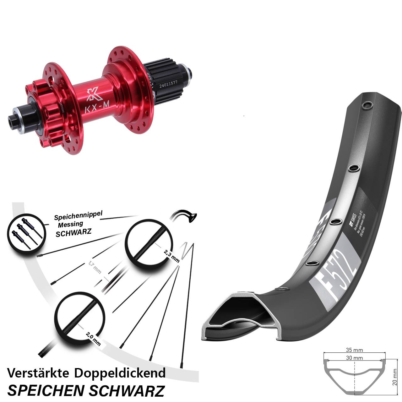 Hinterrad 6-Loch 27,5 Zoll DT Swiss F572 KX-M rot Shimano Micro Spline QR