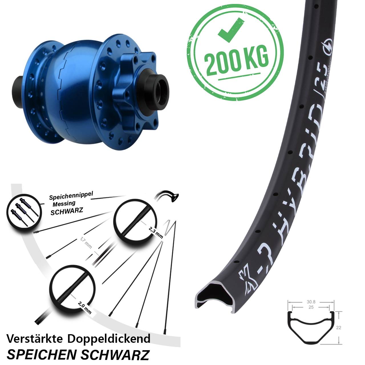 29 Zoll Vorderrad KX-R Hybrid 25 Dynamo SON 28-15 Steckachse 100 mm blau eloxiert