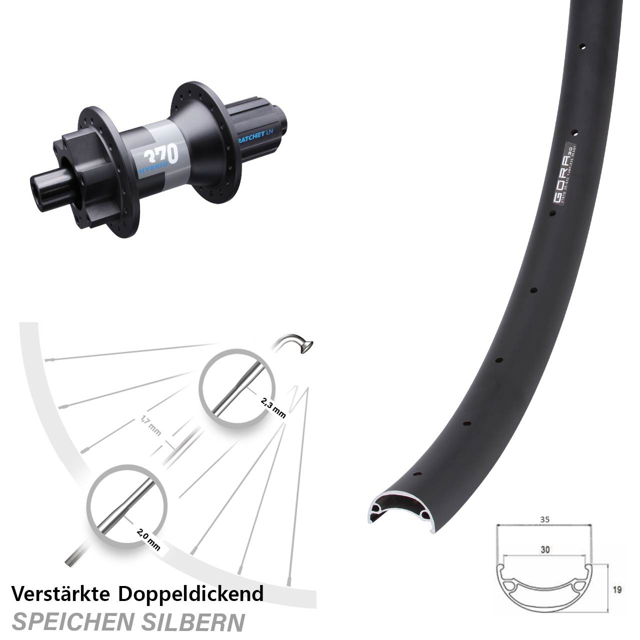 20 Zoll Gora 30 DT Swiss 370 Hybrid 6-Loch Hinterrad 12x148 8-11 fach