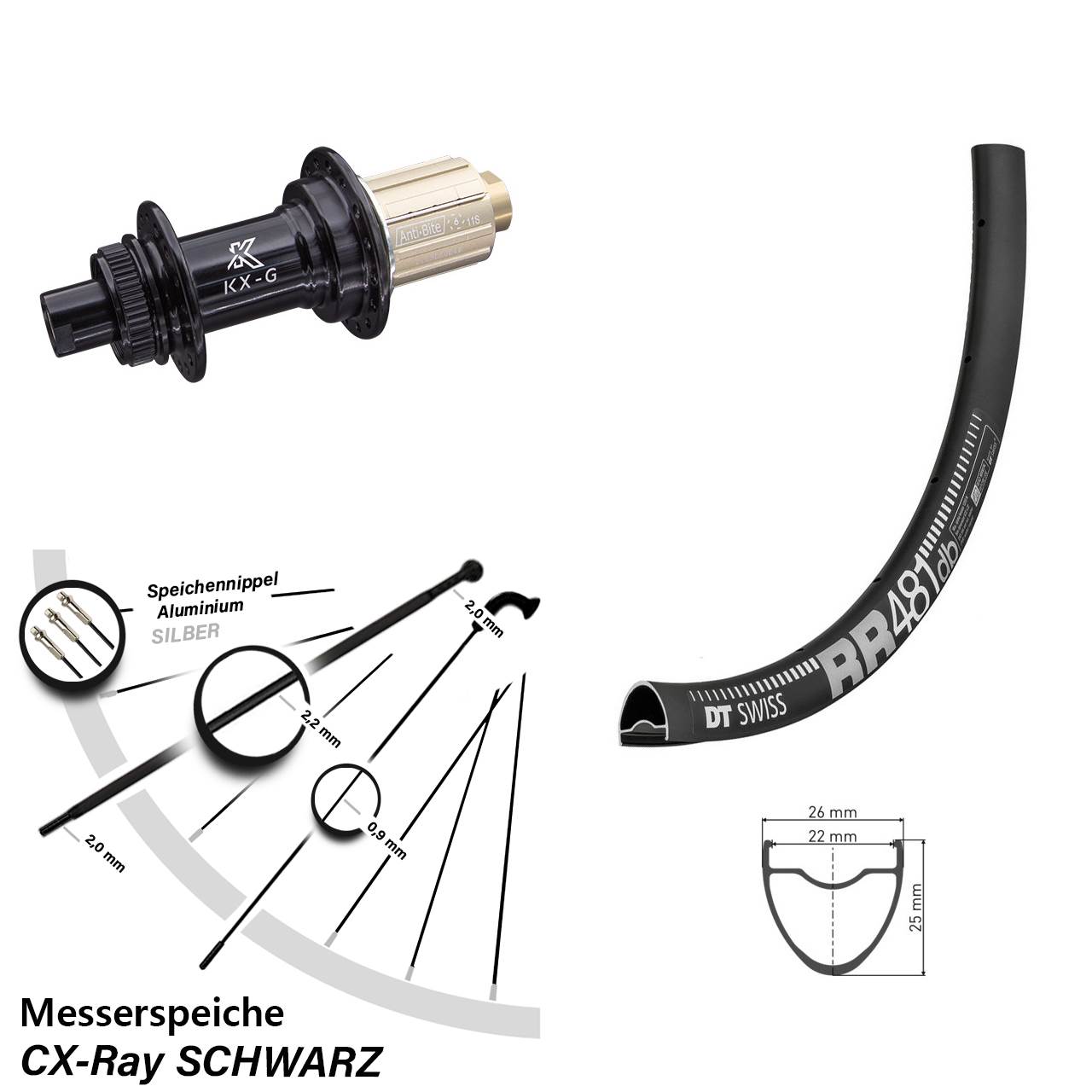 Hinterrad DT Swiss RR 481 Road Disc 24 CX Ray Messerspeichen KX-G 28 Zoll Centerlock 8-12 fach