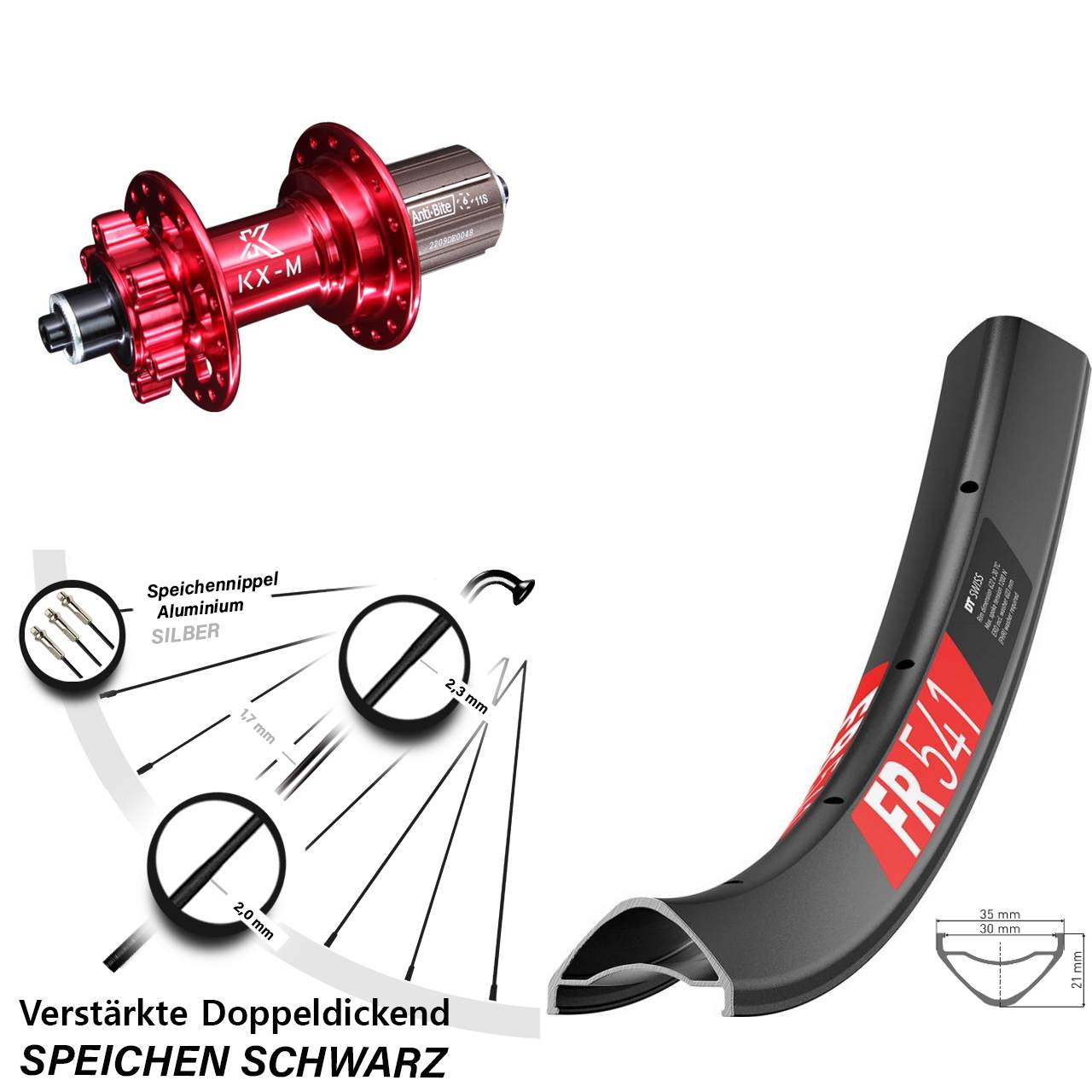 Hinterrad 6-Loch QR 29 Zoll DT Swiss FR 541 KX-M rot 8-12 fach