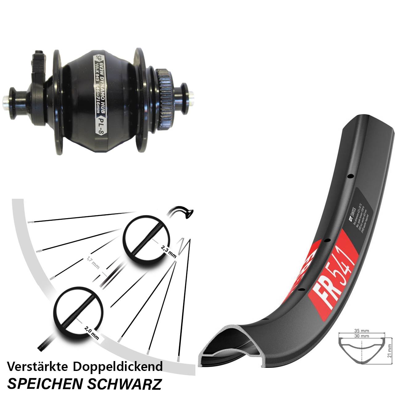 DT Swiss FR541 Shutter PL-8 27,5 Zoll Nabendynamovorderrad Centerlock für Schnellspanner