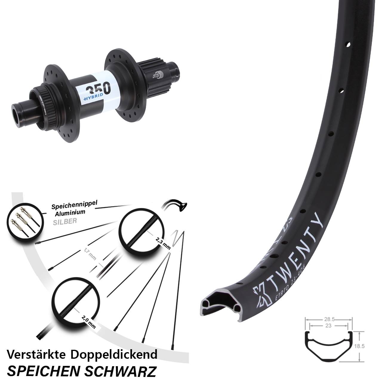Hinterrad 20 Zoll KX Twenty DT Swiss Hybrid 350 Shimano Micro Spline Boost