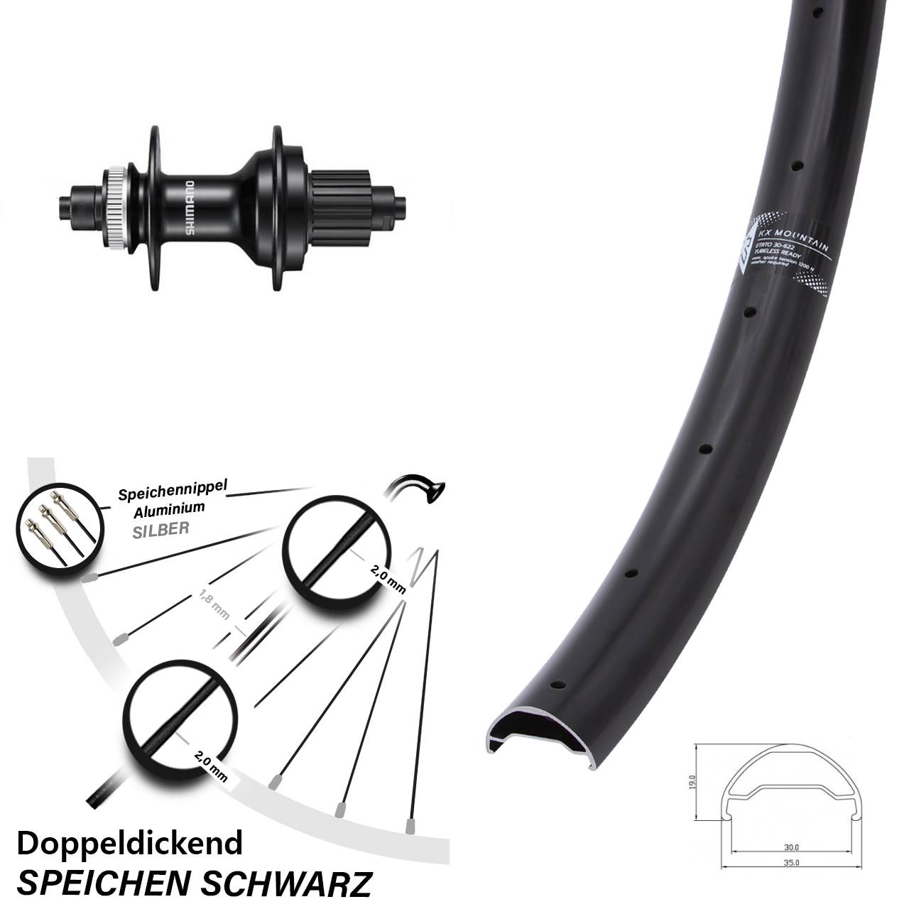 KX Mountain TR Shimano FH-MT500 29 Zoll Hinterrad für Schnellspanner Micro Spline