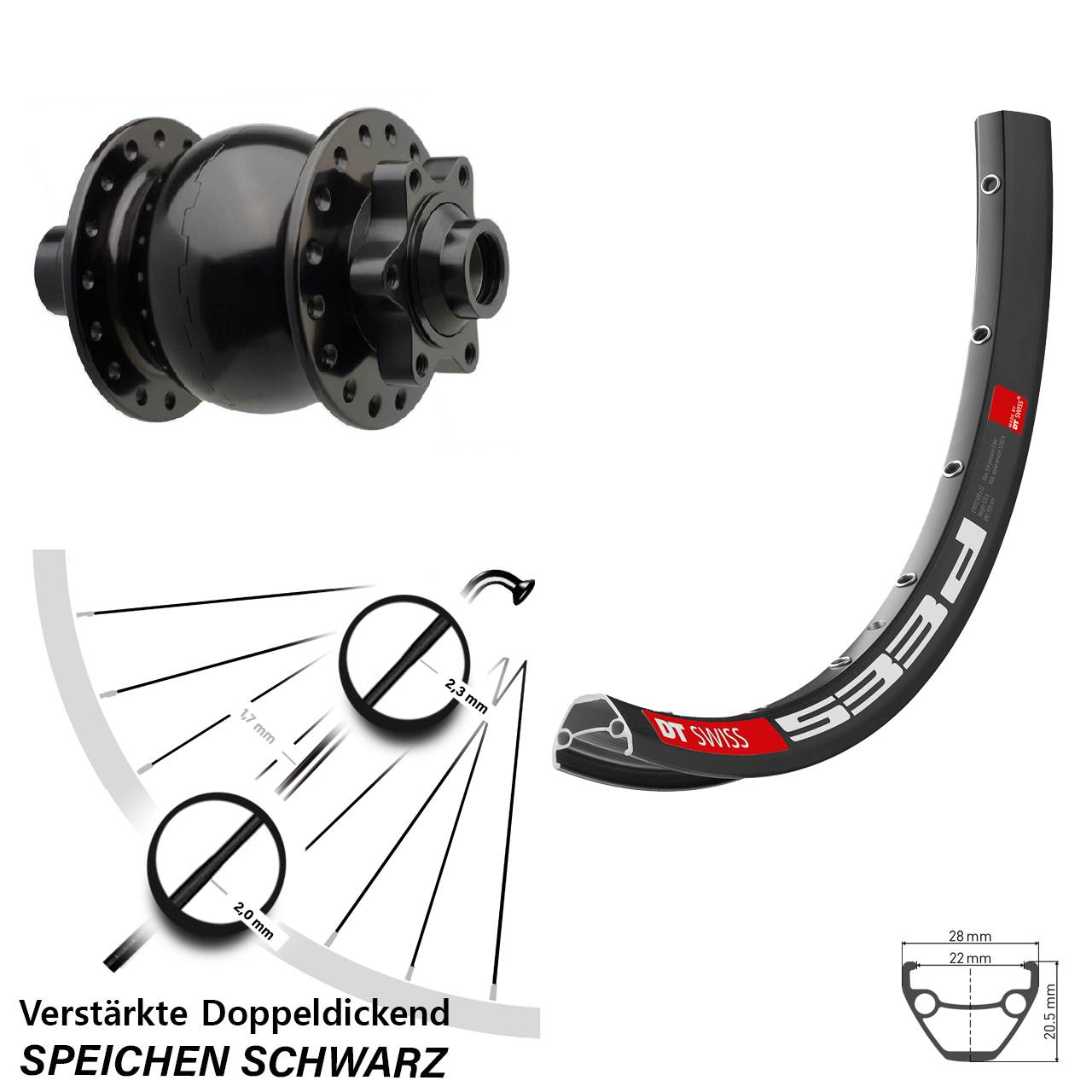 Nabendynamovorderrad 6-Loch 26 Zoll DT Swiss 533 D SON 28 15x110 Boost