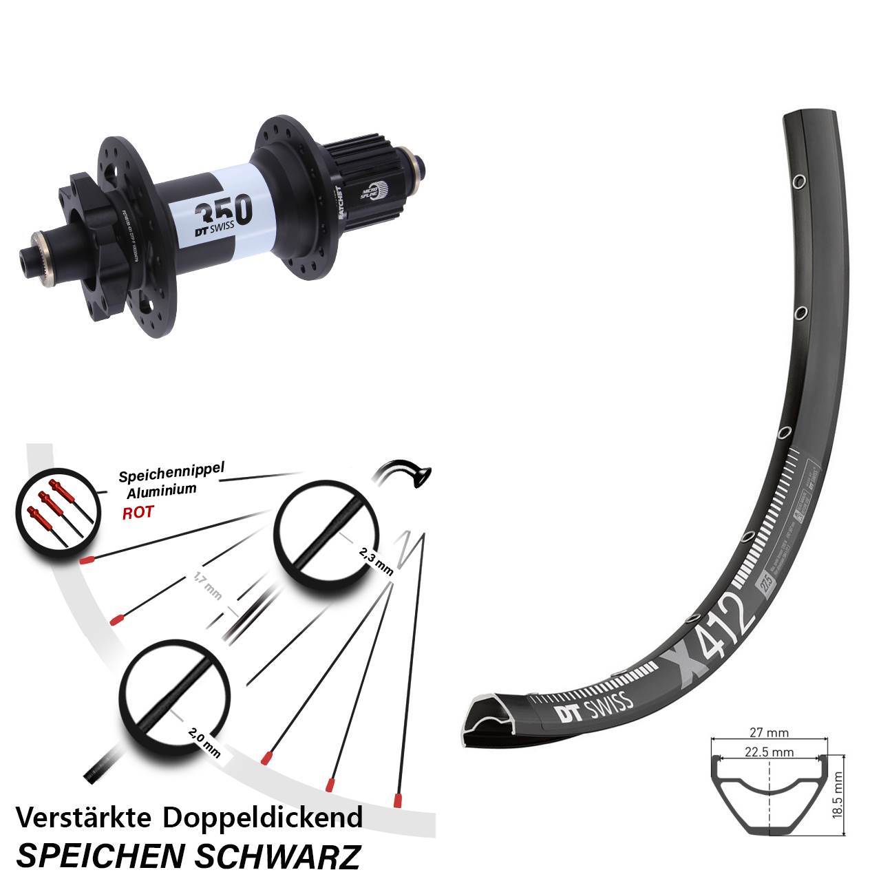 Hinterrad 6-Loch 29 Zoll DT Swiss X412-350 Ratchet 36 Shimano Micro Spline QR Boost