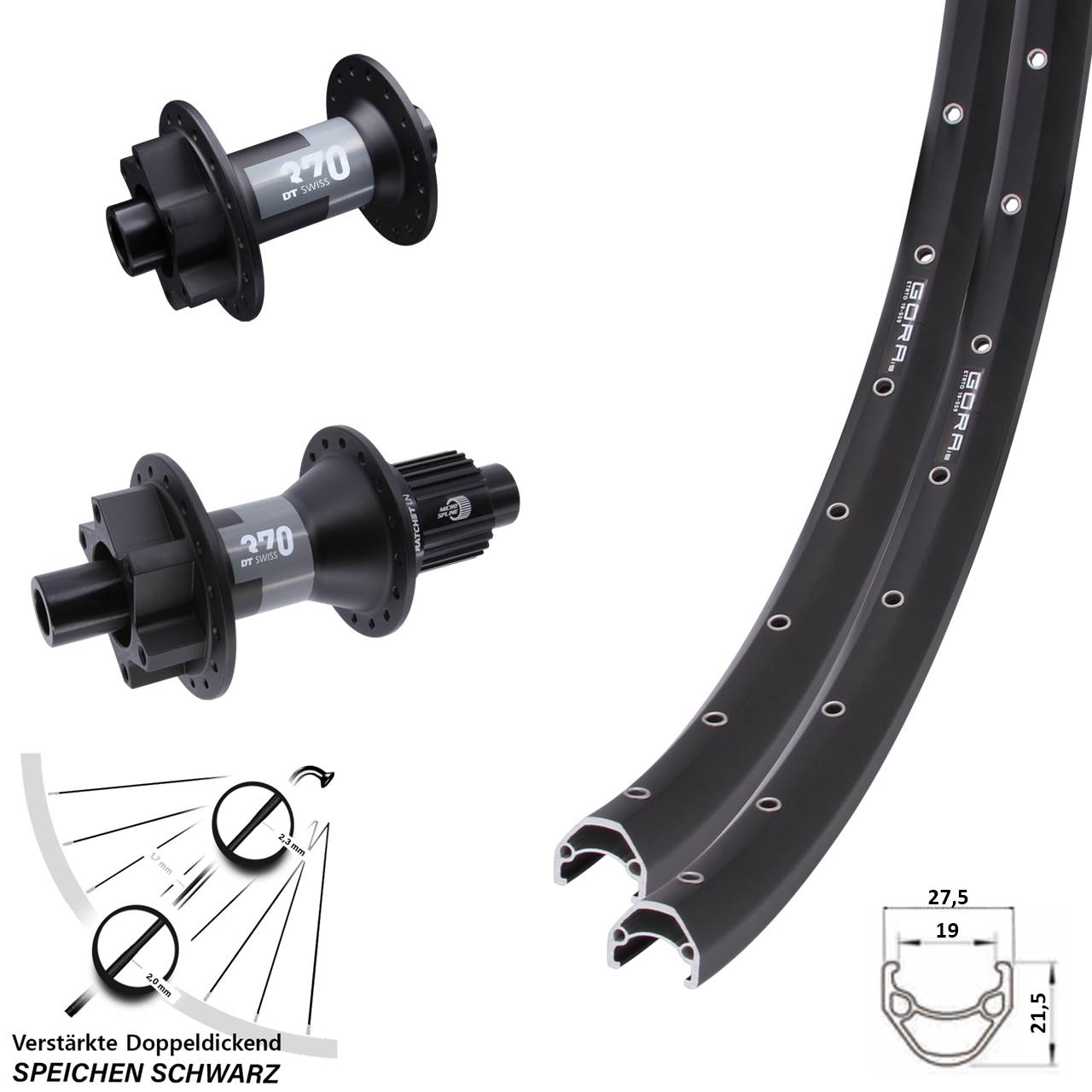 Disc Laufrad-Satz 15x100 12x142 28 Zoll Gora 19 DT Swiss 370 Shimano Micro Spline