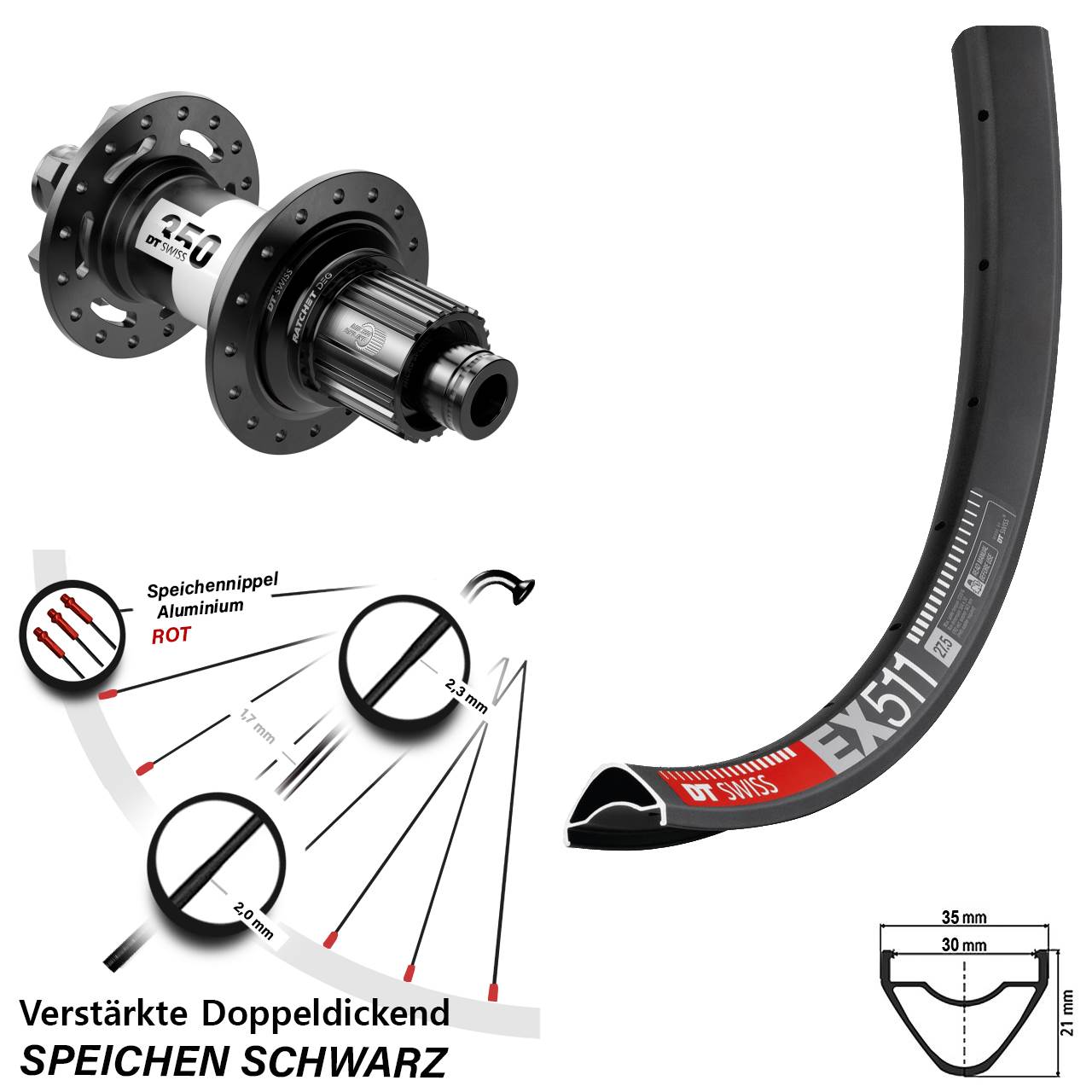 6-Loch Hinterrad 27,5 Zoll DT Swiss EX 511-350 DEG 72 Micro Spline 12x148