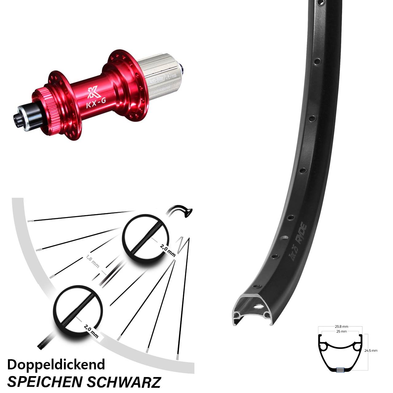 Disc Laufrad für Schnellspanner 28-29 Zoll Ryde ZAC 25 KX-G rot 8-12 fach
