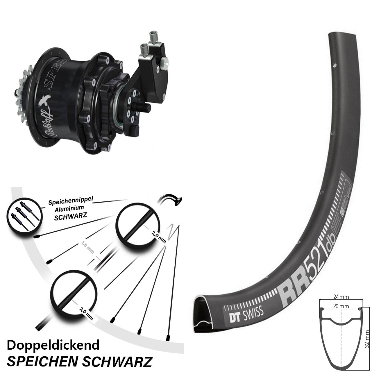 Hinterrad 28 Zoll DT Swiss RR 521 Disc Rohloff Speedhub 500/14 TS DB OEM Tandem schwarz