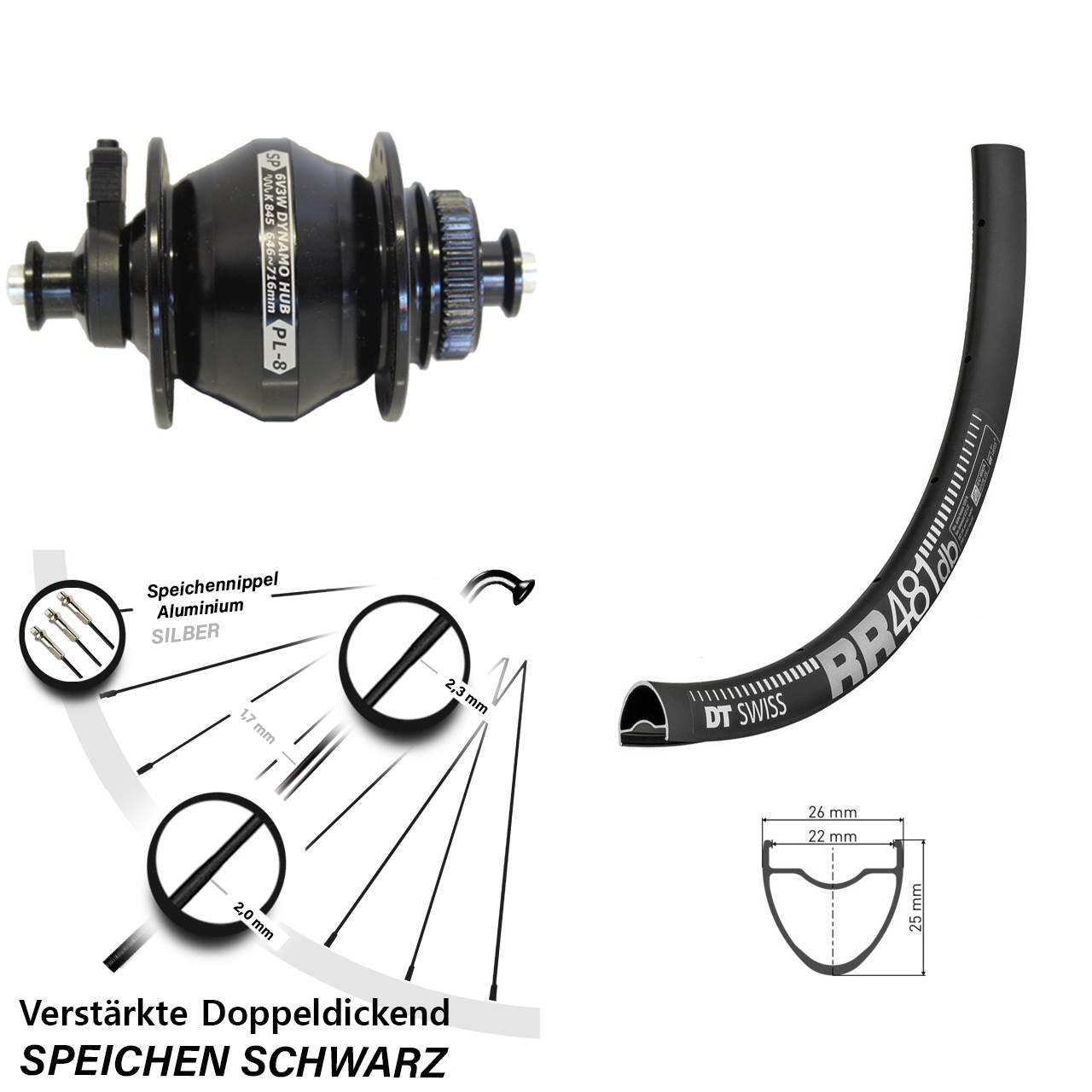 DT Swiss RR 481 Shutter PL-8 28 Zoll Nabendynamovorderrad Centerlock QR