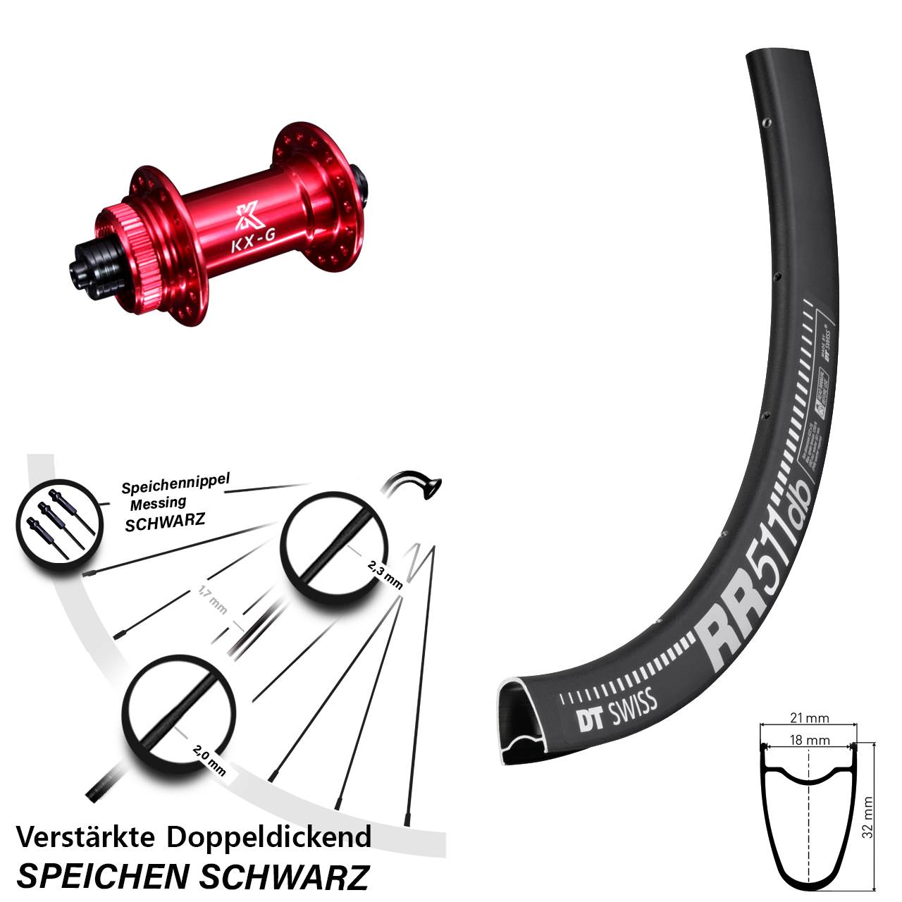 28 Zoll Vorderrad KX-G rot 5x100 mm Road Disc DT Swiss RR 511 DB Centerlock