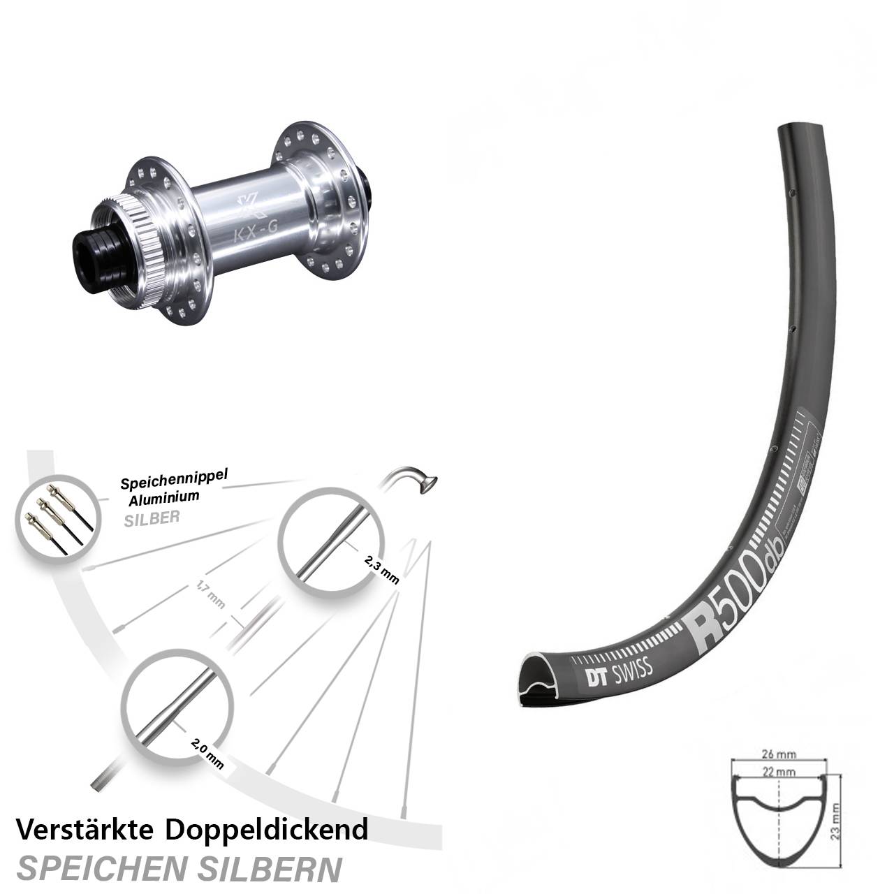 Road Disc DT Swiss R 500 Vorderrad 28 Zoll verstärkt KX-G silbern Centerlock