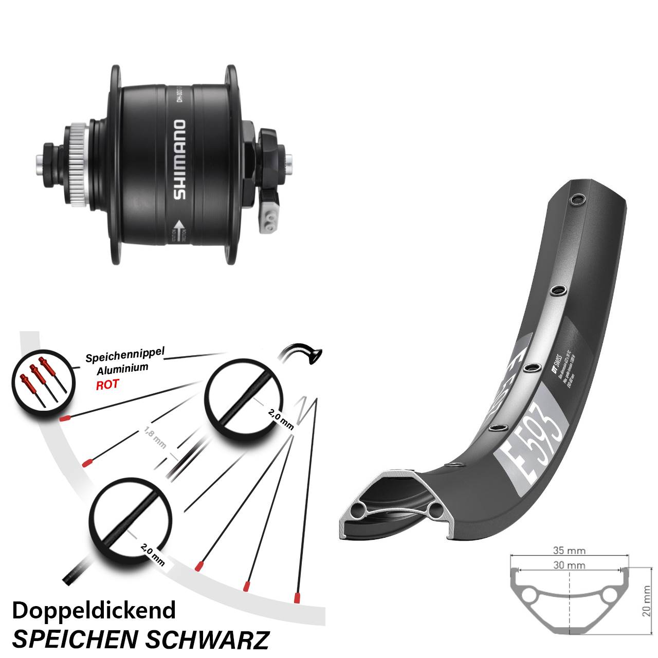 Disc Nabendynamovorderrad 650B DT Swiss E 593 Shimano DH-3D37 für Schnellspanner