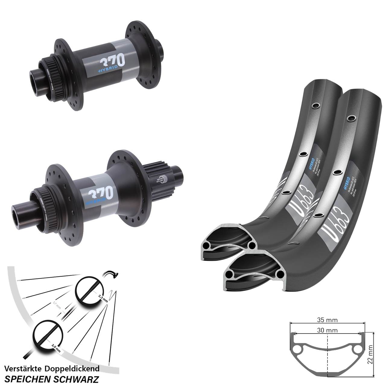 Laufrad-Satz 15x110 12x148 20 Zoll DT Swiss U663-370 Hybrid Shimano Micro Spline