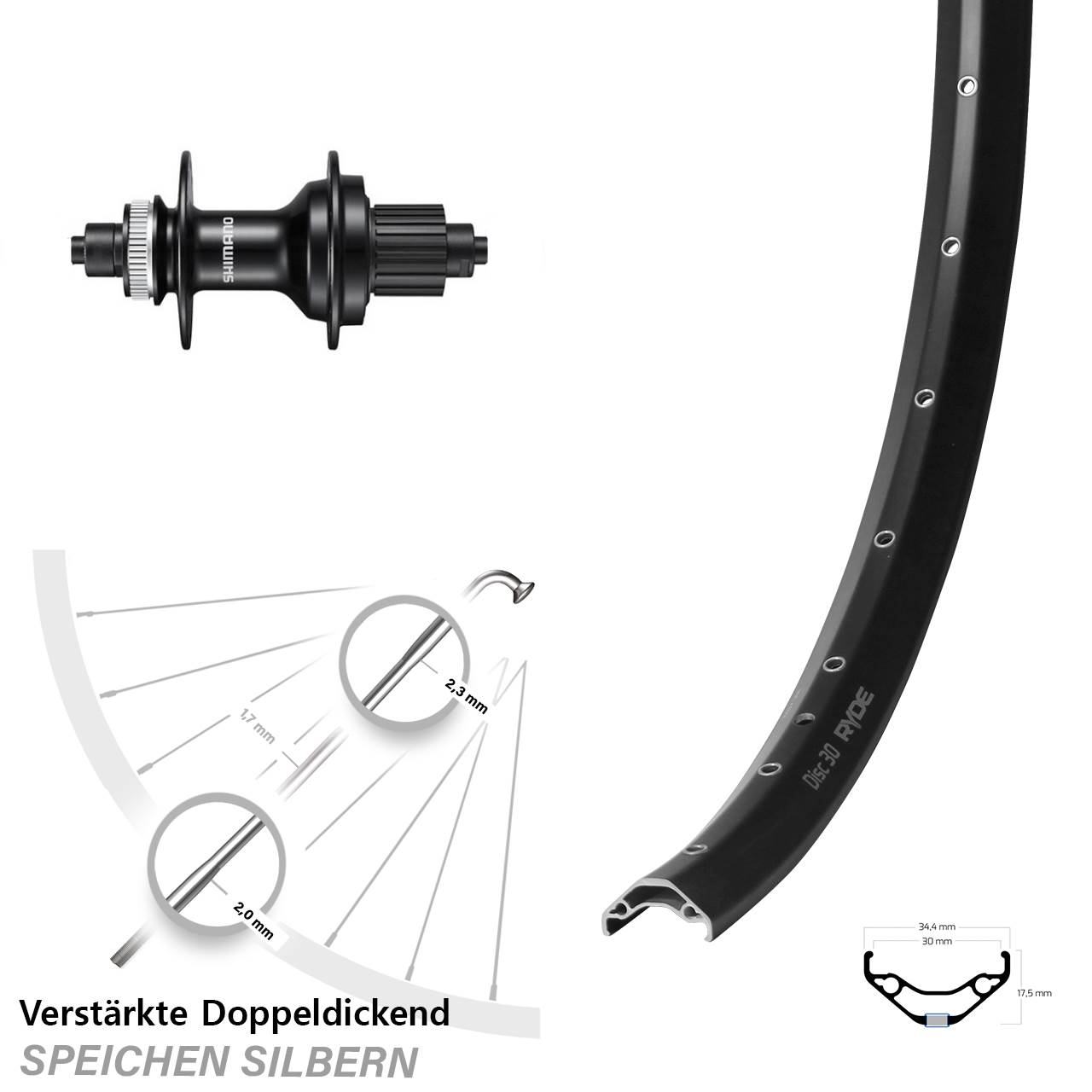 29 Zoll Ryde Disc 30 Shimano MT500 Centerlock Hinterrad für Schnellspanner Micro Spline