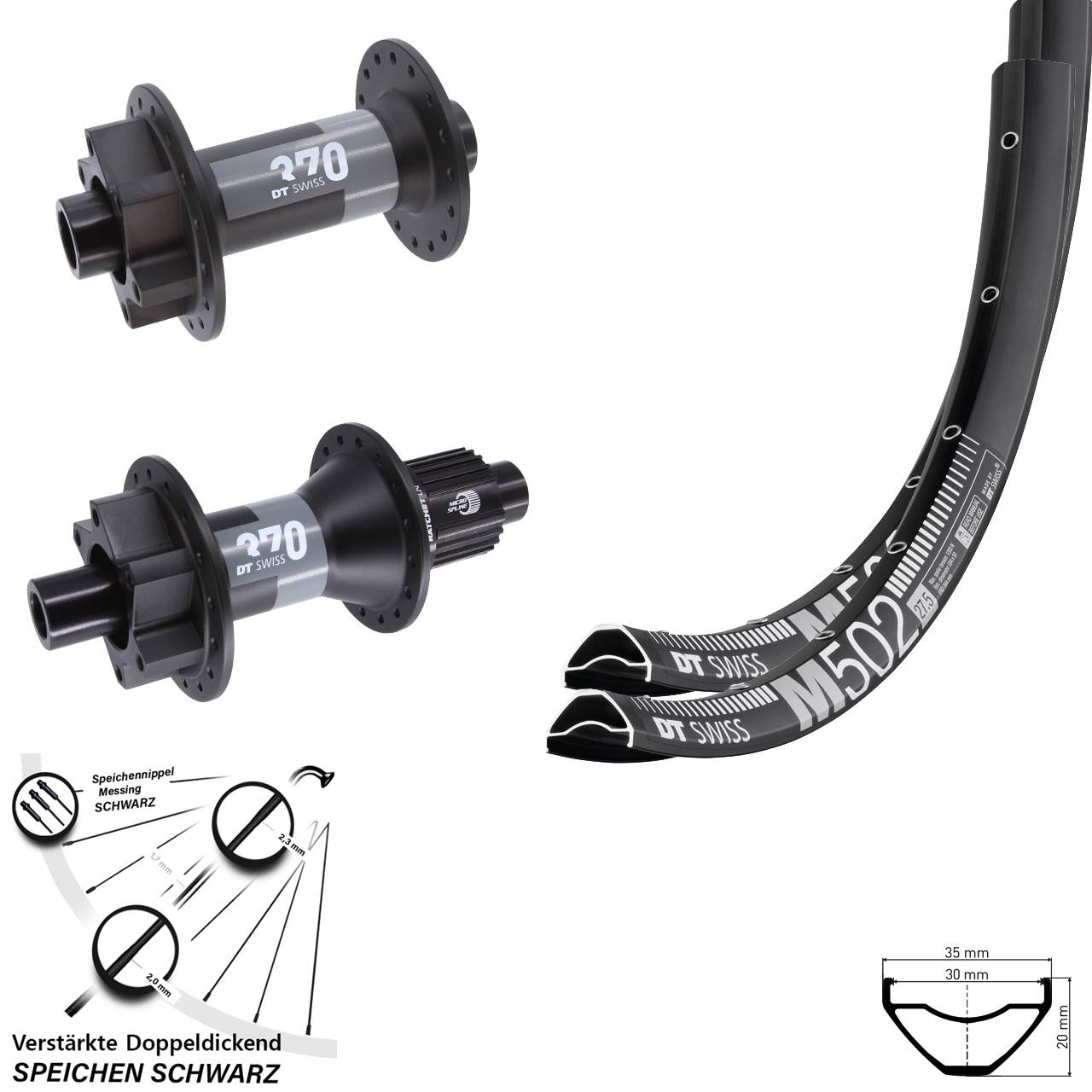 29 Zoll DT Swiss M 502-370 Laufrad-Satz 6-Loch 15x110 12x148 Shimano Micro Spline