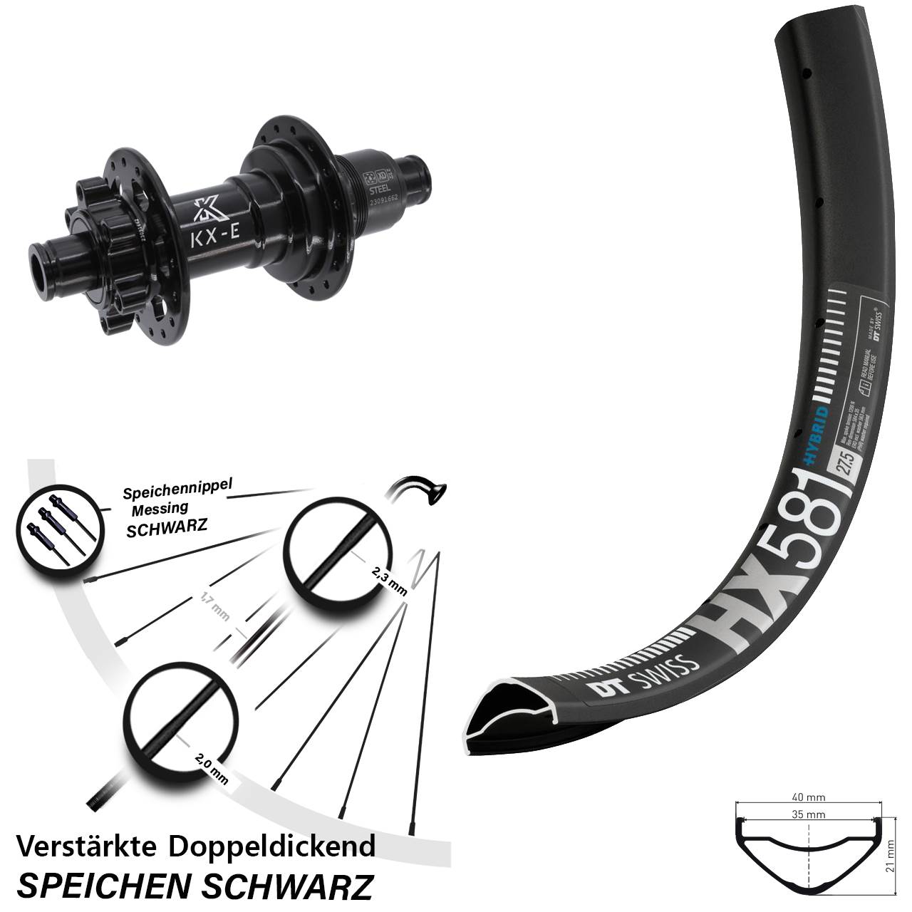DT Swiss HX581 KX-E Stahl Freilauf 27,5 Zoll 6-Loch Hinterrad 12x148 Boost XD 11-12 fach