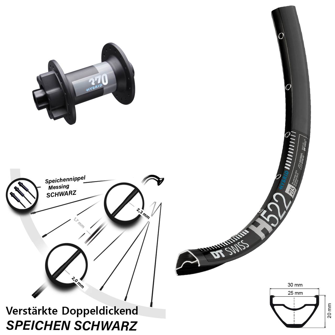 29 Zoll Vorderrad H 522 DT Swiss 370 Hybrid Boost 15x110 mm 6-Loch verstärkt E-Bike