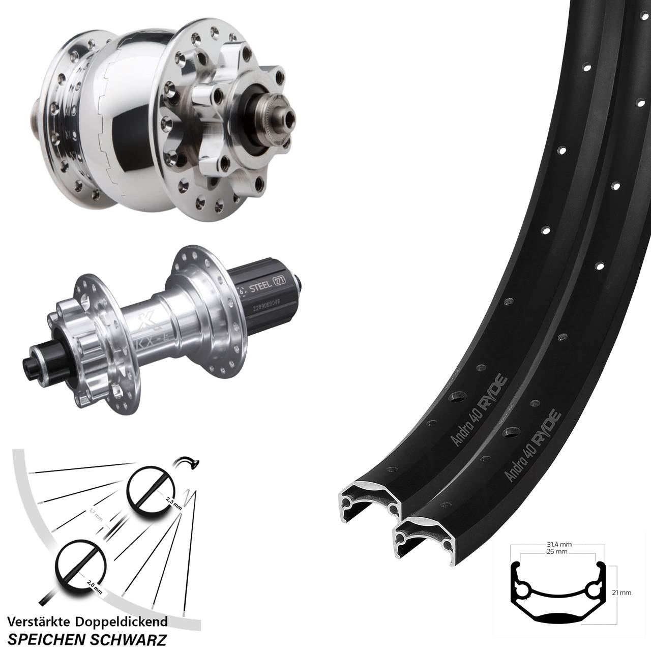 Ryde Andra 40 Disc KX-E SON 28 poliert Zoll Laufradsatz QR 8-12 fach HG