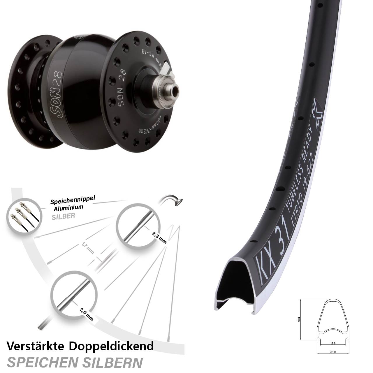 Vorderrad 28 Zoll KX 31 SON 28 Felgenbremse schwarz eloxiert