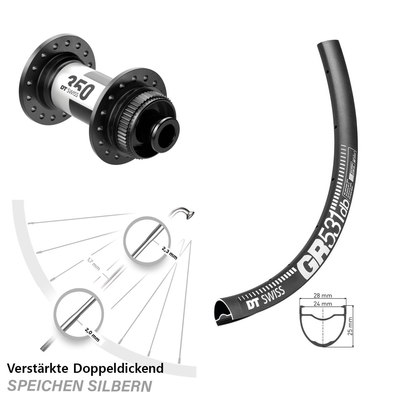 28 Zoll Vorderrad GR 531 DT Swiss 350 Centerlock 12x100 mm Road