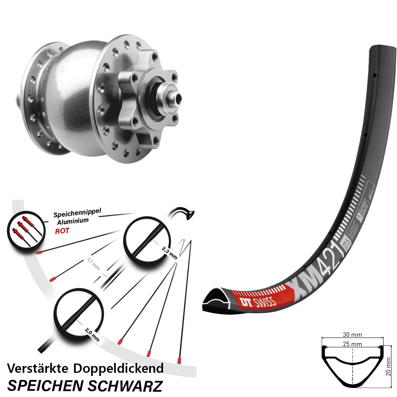SON 28 silbern DT Swiss XM 421 650B Disc Vorderrad mit Nabendynamo für Schnellspanner