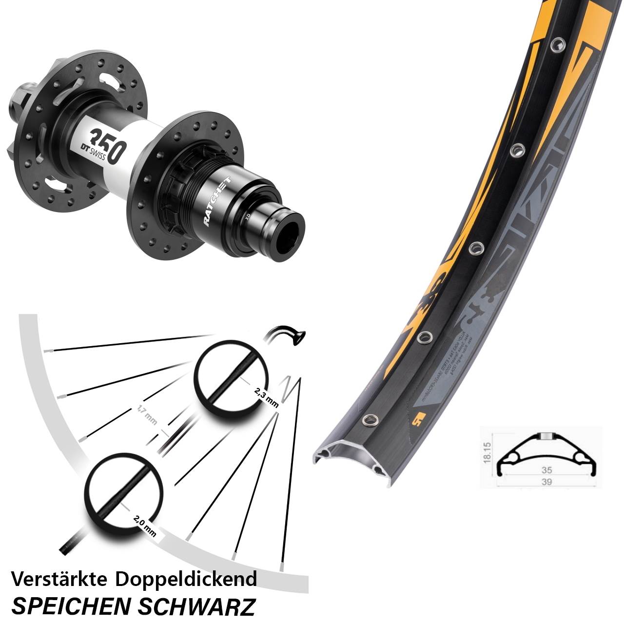 Hinterrad 6-Loch 27,5 Zoll Rodi TRYP 35 DT Swiss 350 Ratchet 36 XD 12x142