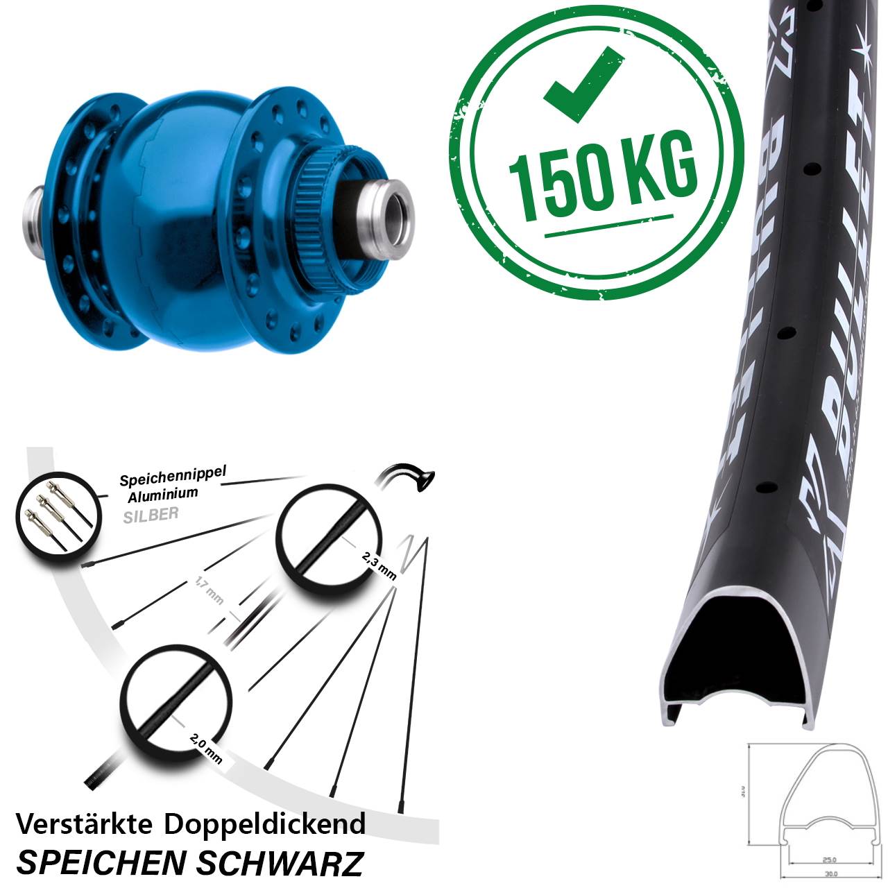 Nabendynamo-Vorderrad Centerlock 28-29 Zoll KX Bullet OS SON 28 blau 12x100