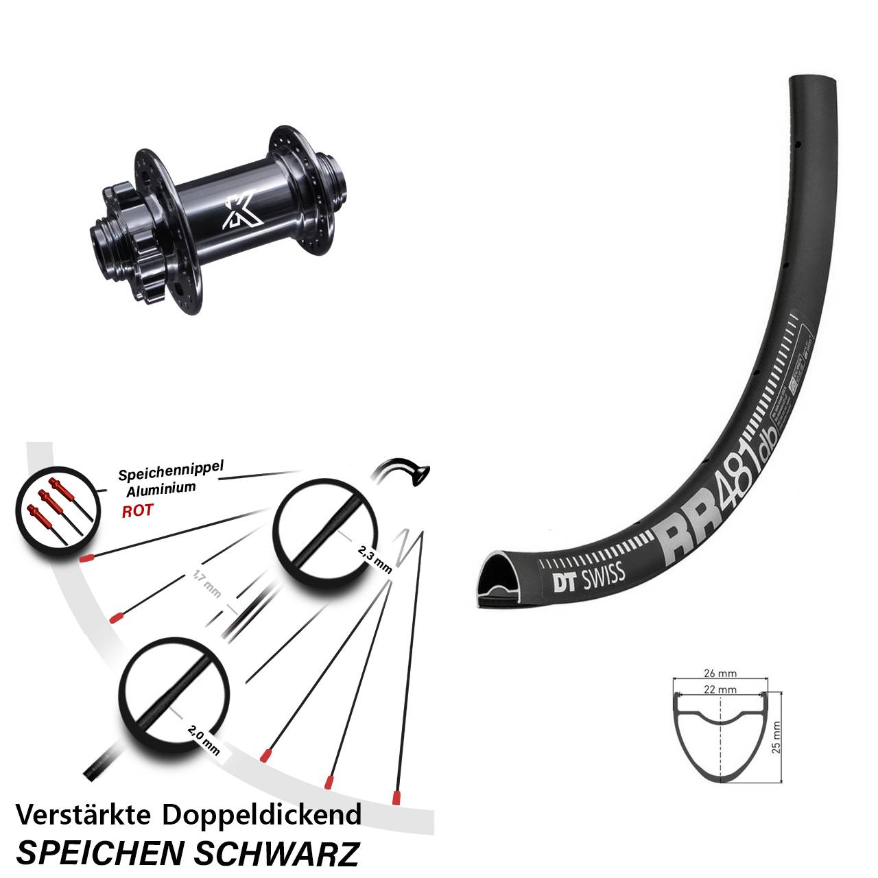 Vorderrad 6-Loch 15x100 28 Zoll DT Swiss RR481 KX-M