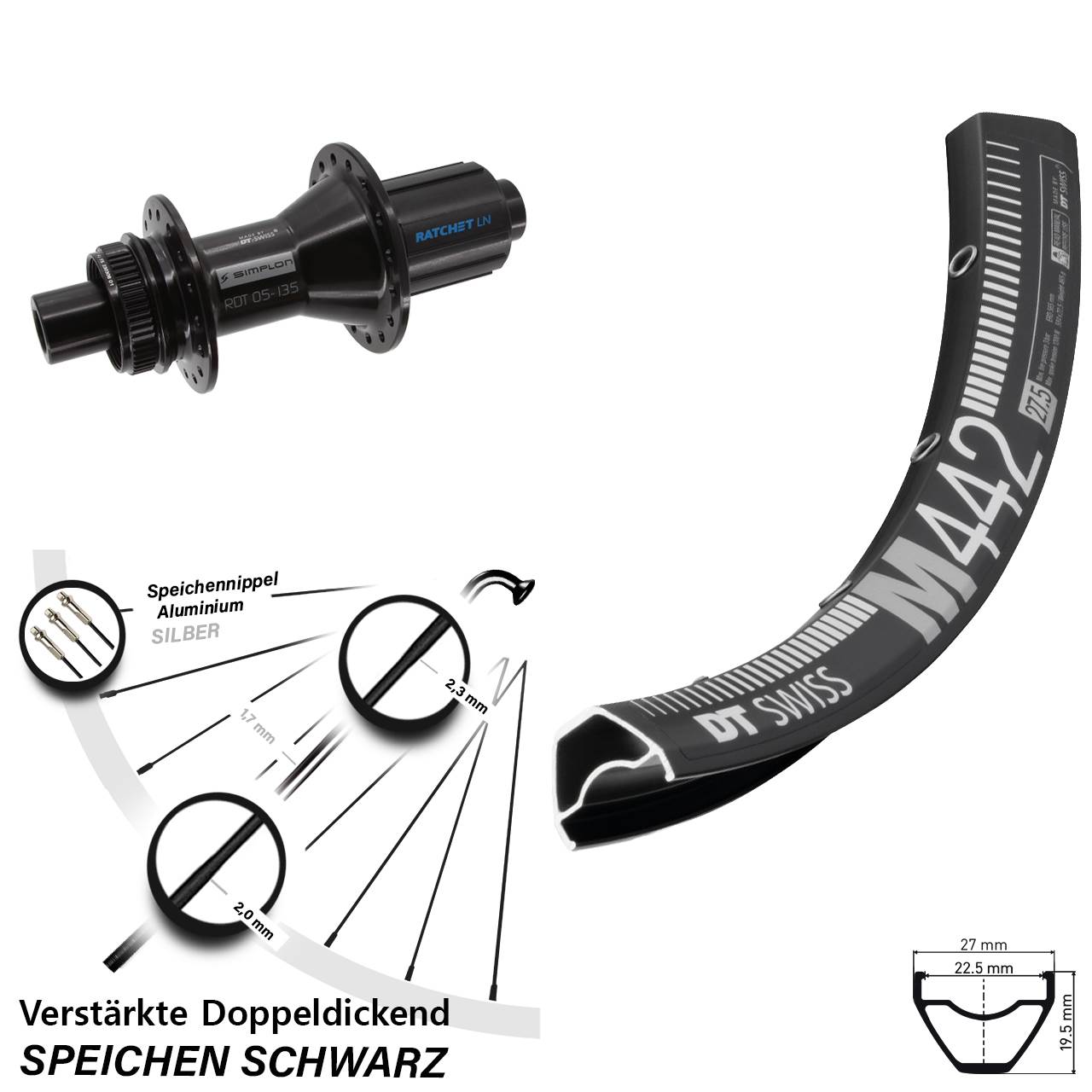 28-29 Zoll DT Swiss M 442-370 Hybrid Disc Laufrad 12x142 8-11 fach
