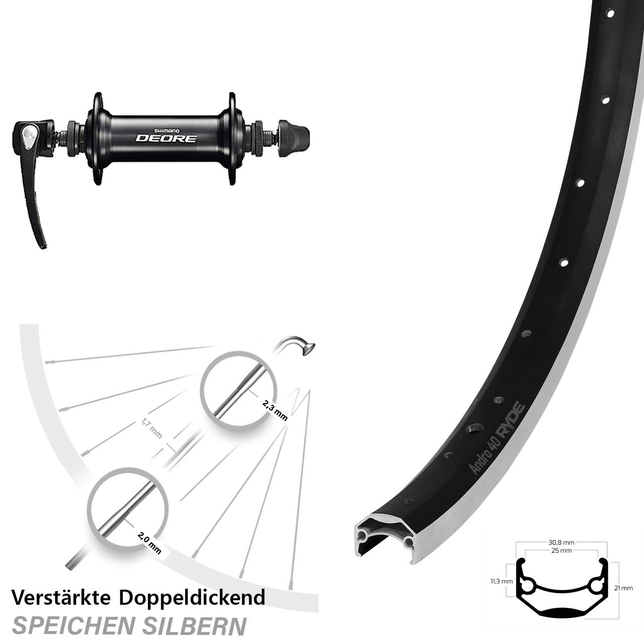 Ryde Andra 40 Vorderrad 28 Zoll verstärkt Shimano Deore