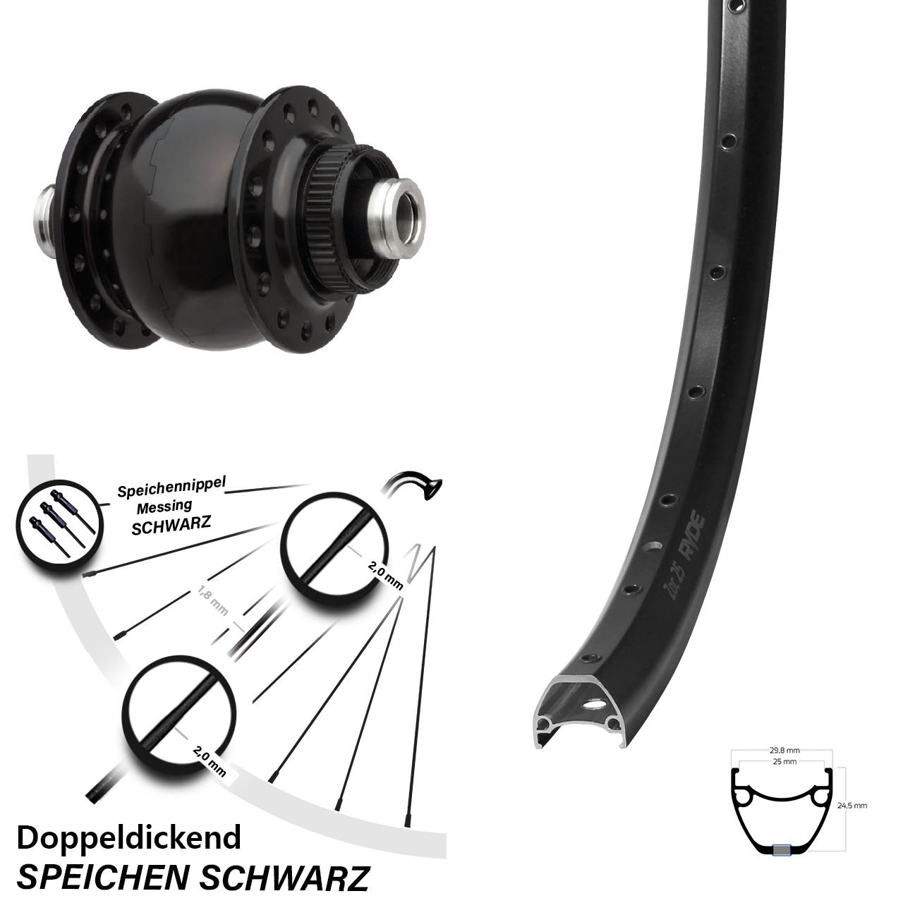 Nabendynamovorderrad Centerlock 12x100 Ryde ZAC 25 SON 28 Zoll