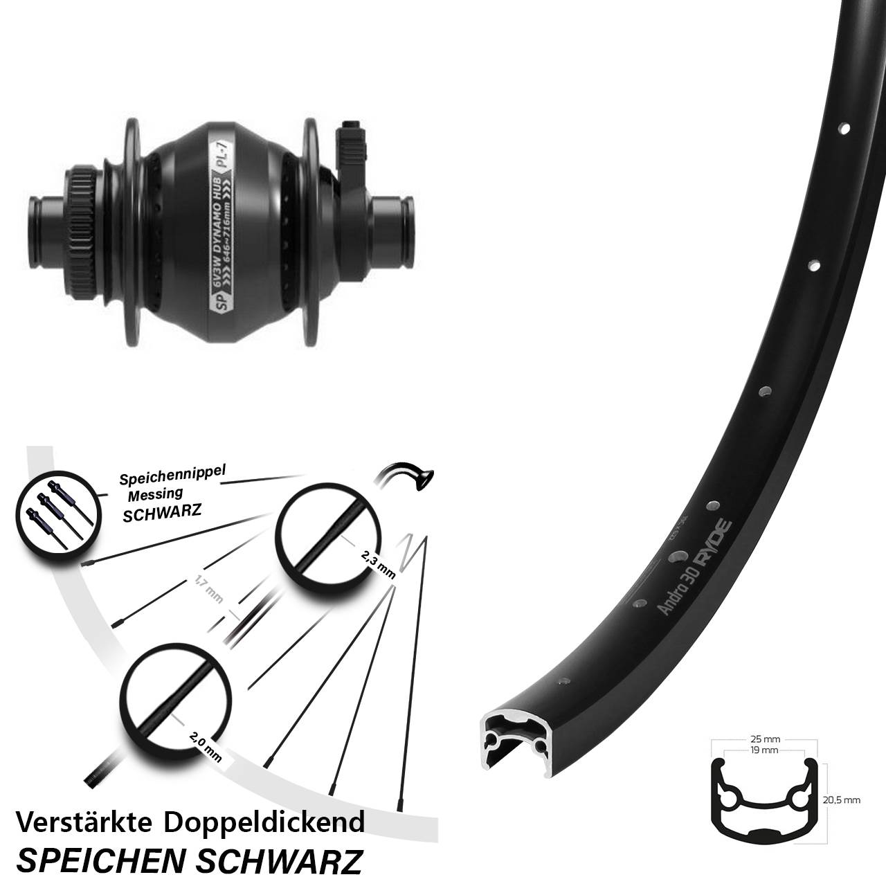 Centerlock Vorderrad mit Dynamo 28-29 Zoll Ryde Andra 30 Shutter Precision PL-7 12x100