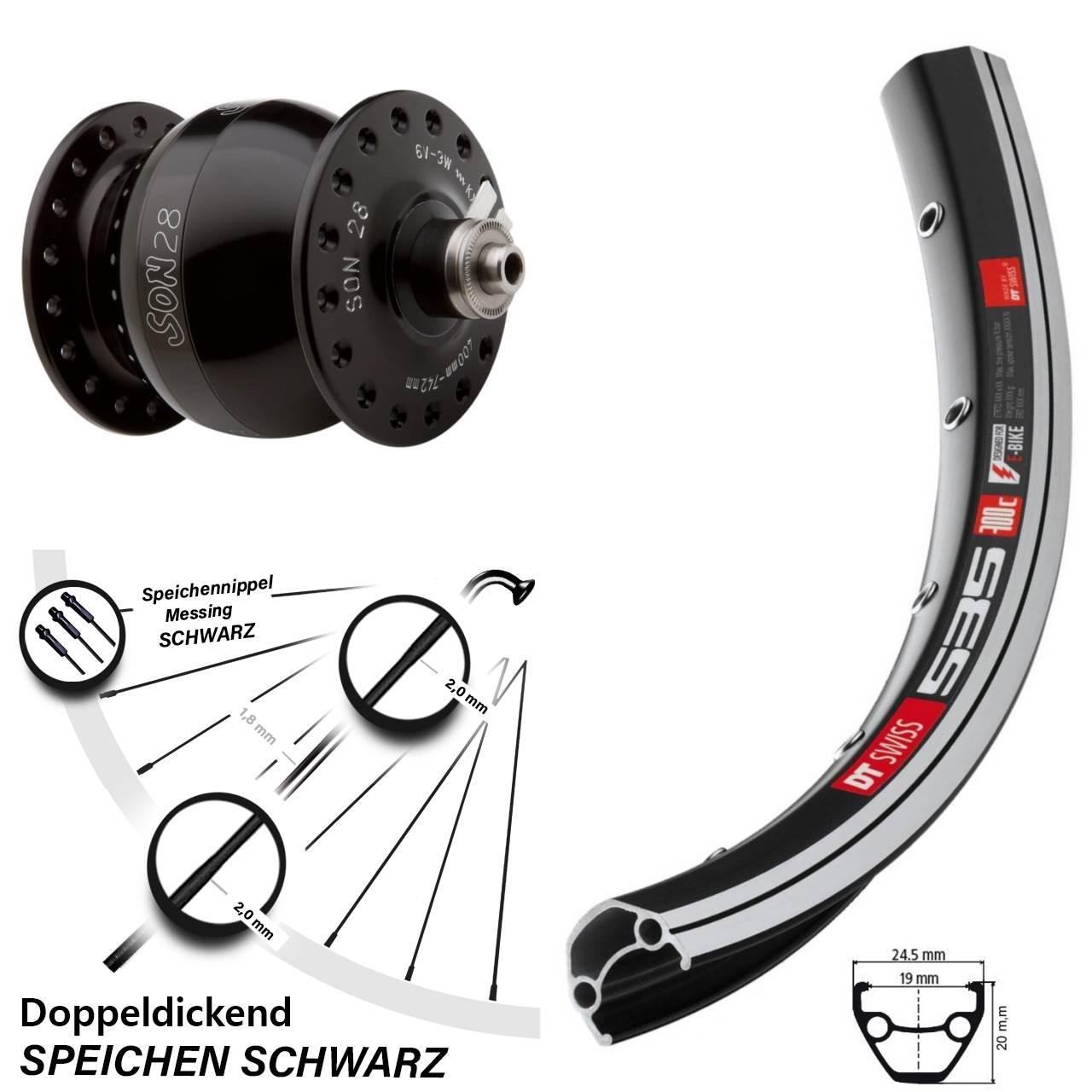 DT Swiss 535 Vorderrad 28 Zoll SON 28 Nabendynamo 5x100 schwarz