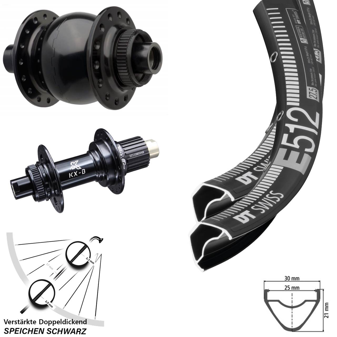 DT Swiss E512 KX-B SON 28 27,5 Zoll Laufradsatz 15x110 12x148 Micro Spline