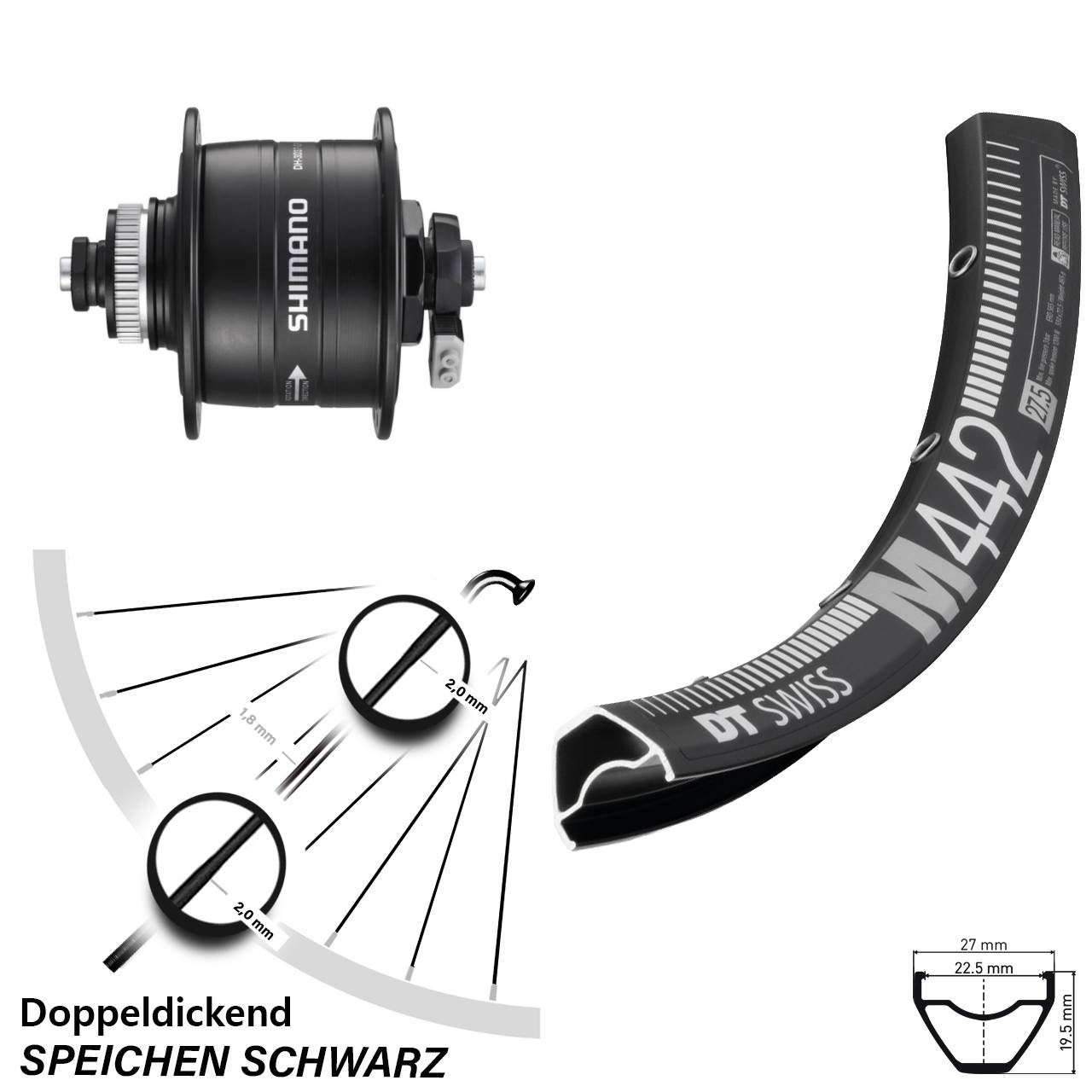 29 Zoll DT Swiss M442 Shimano DH-3D37 Dynamo-Vorderrad Centerlock für Schnellspanner