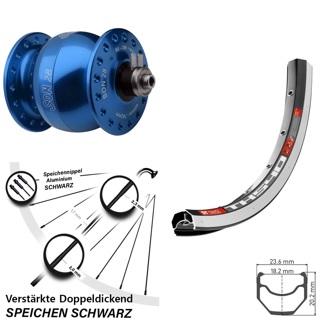 Nabendynamovorderrad für Schnellspanner blauer SON 28 Zoll DT Swiss TK 540