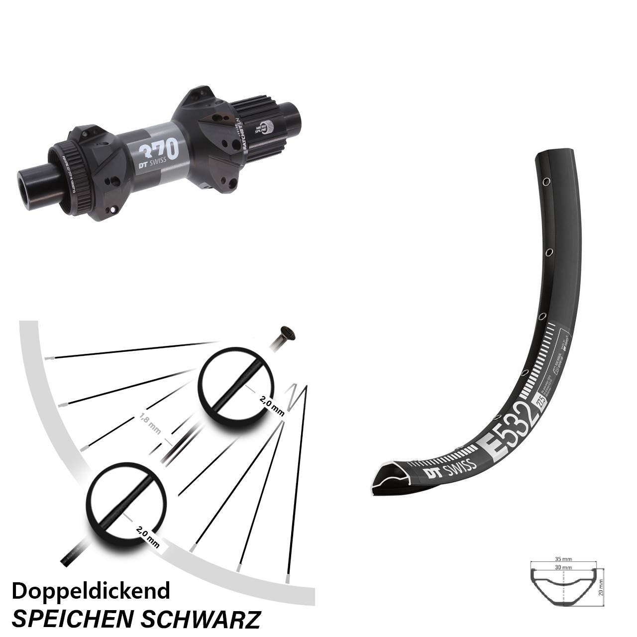 Centerlock Hinterrad 12x148 29 Zoll DT Swiss 370 Straightpull Micro Spline
