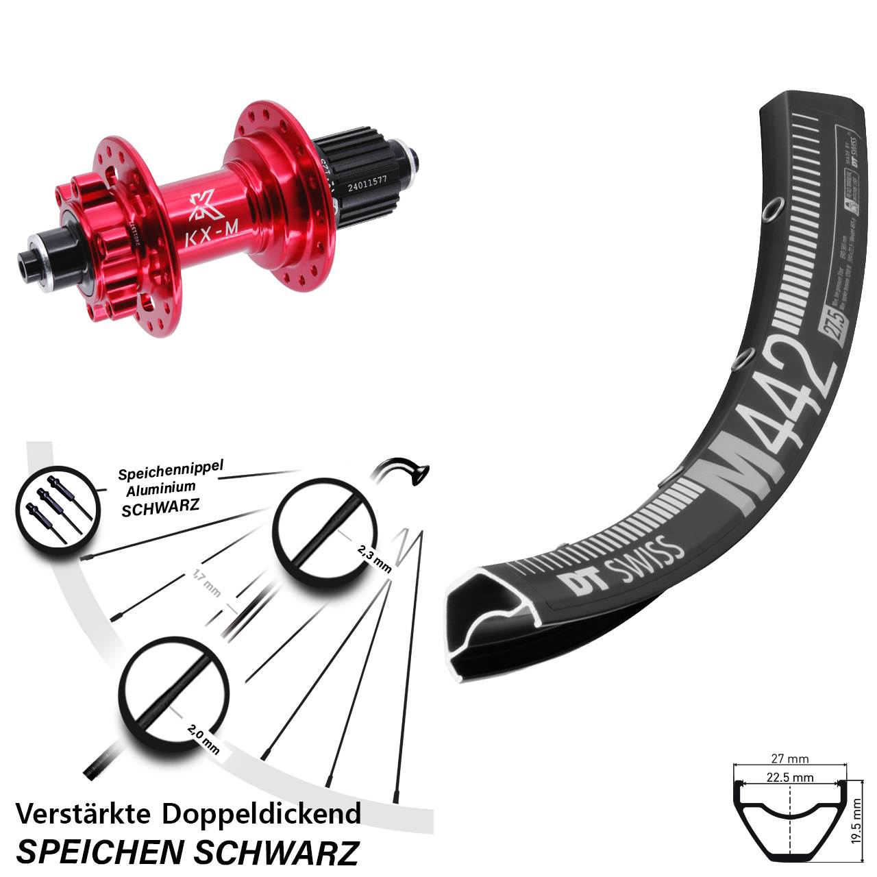 6-Loch Hinterrad für Schnellspanner 29 Zoll DT Swiss M 442 KX-M rot Micro Spline
