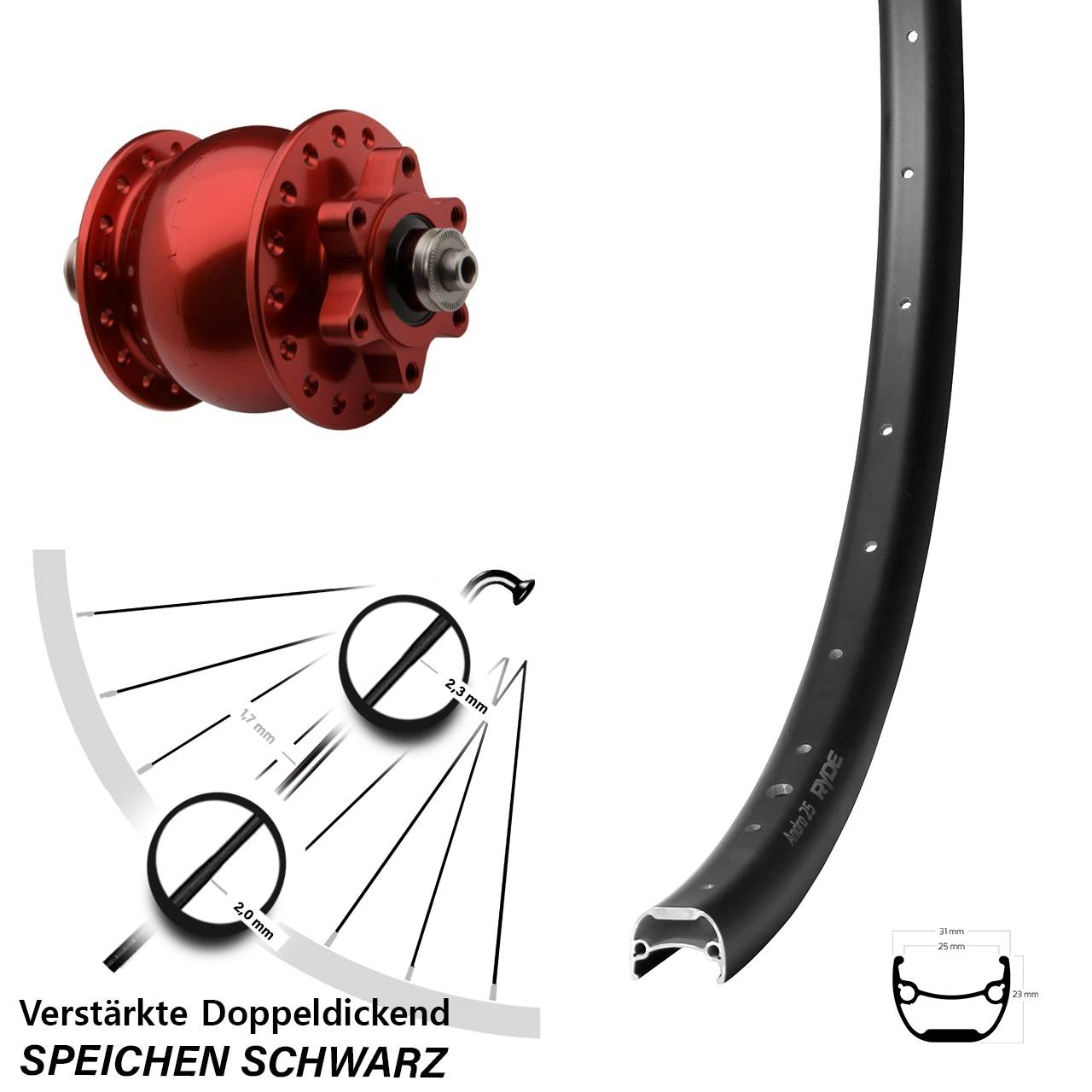 Disc Vorderrad mit Nabendynamo 29 Zoll Ryde Andra 25 SON 28 rot für Schnellspanner