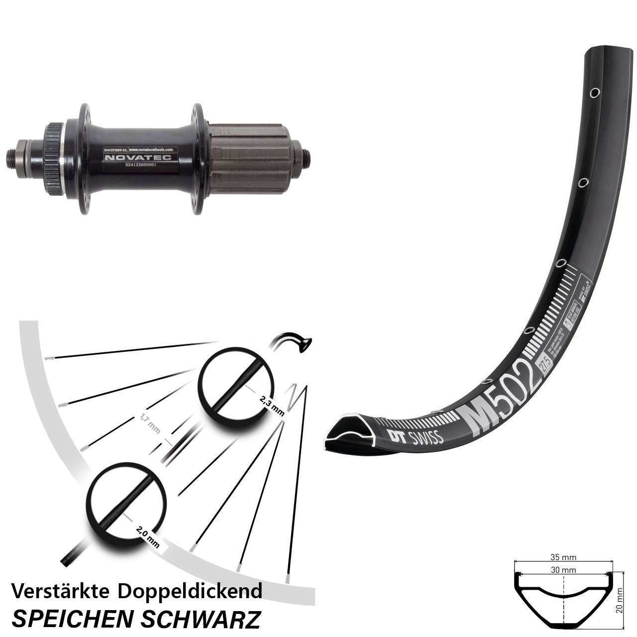 29 Zoll DT Swiss M 502 Novatec D472 Hinterrad Centerlock QR 8-12 fach HG