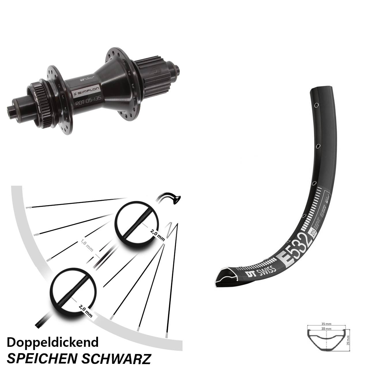 DT Swiss E 532-370 Hybrid 27,5 Zoll Disc Laufrad für Schnellspanner Shimano Micro Spline