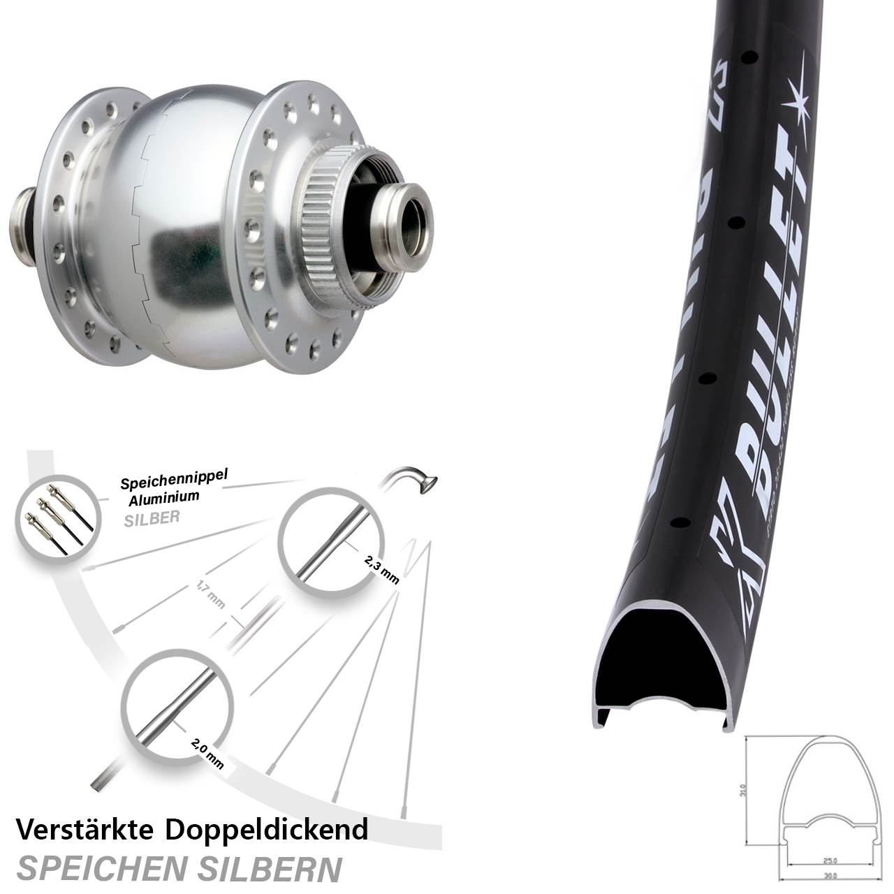 SON 28 silbern KX Bullet 28/29 Zoll Disc Laufrad mit Nabendynamo 12x100