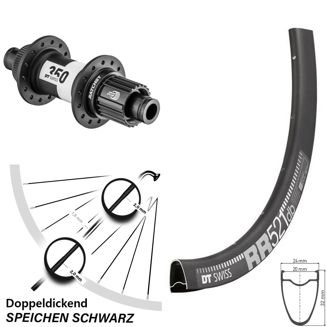 DT Swiss RR 521-350 Ratchet 36 28 Zoll Disc Hinterrad 12x142 Micro Spline