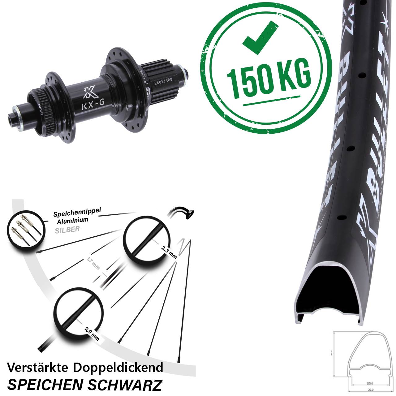 Centerlock Hinterrad 28-29 Zoll KX-G Bullet OS Shimano Micro Spline für Schnellspanner