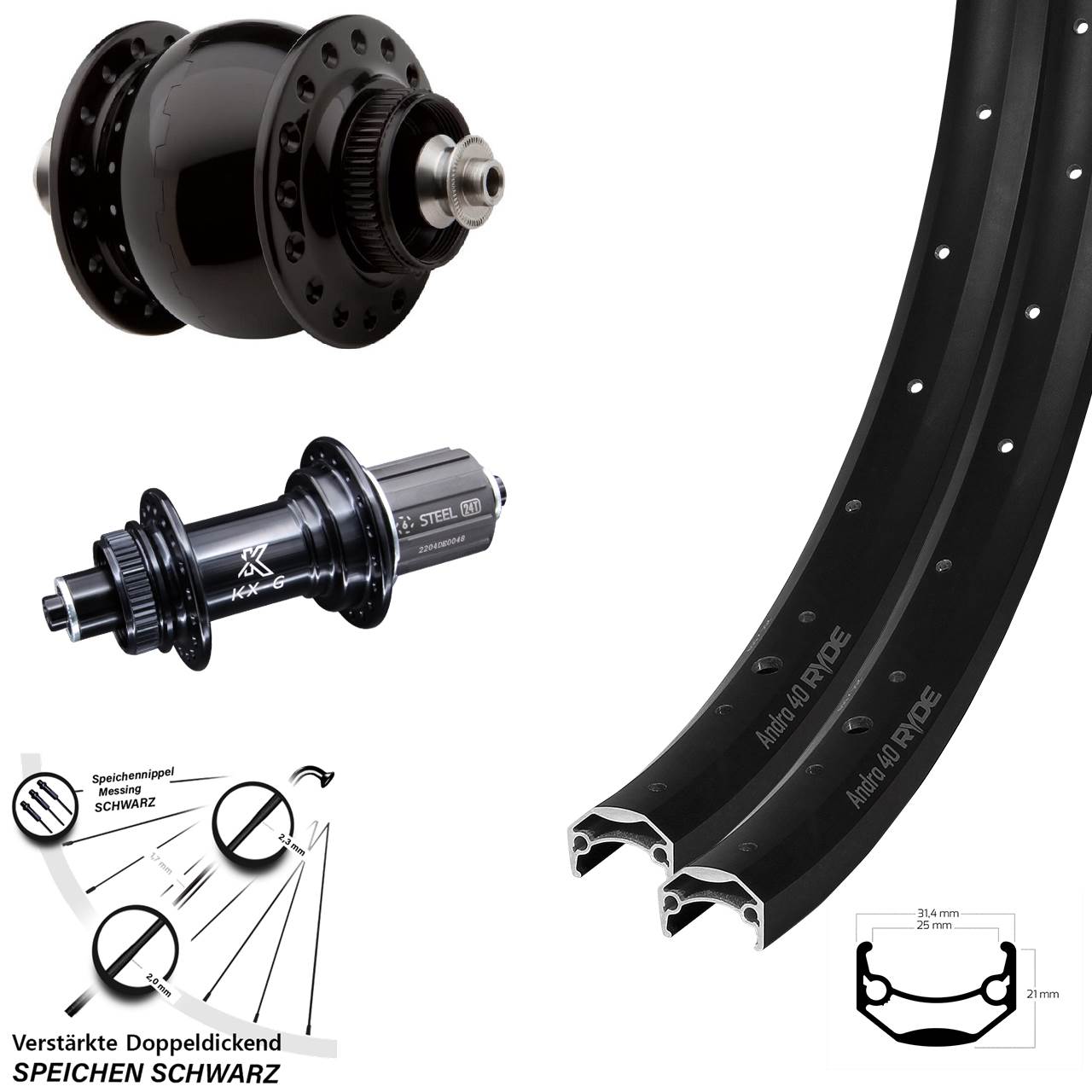 27,5 Zoll Ryde Andra 40 KX-GS verstärkt SON 28 Laufrad-Satz QR 8-12 fach