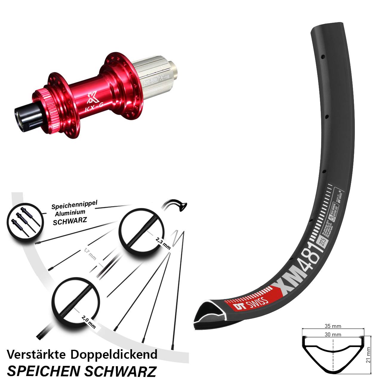 27,5 Zoll DT Swiss XM 481 KX-G rot Hinterrad Centerlock 12x142 8-12 fach