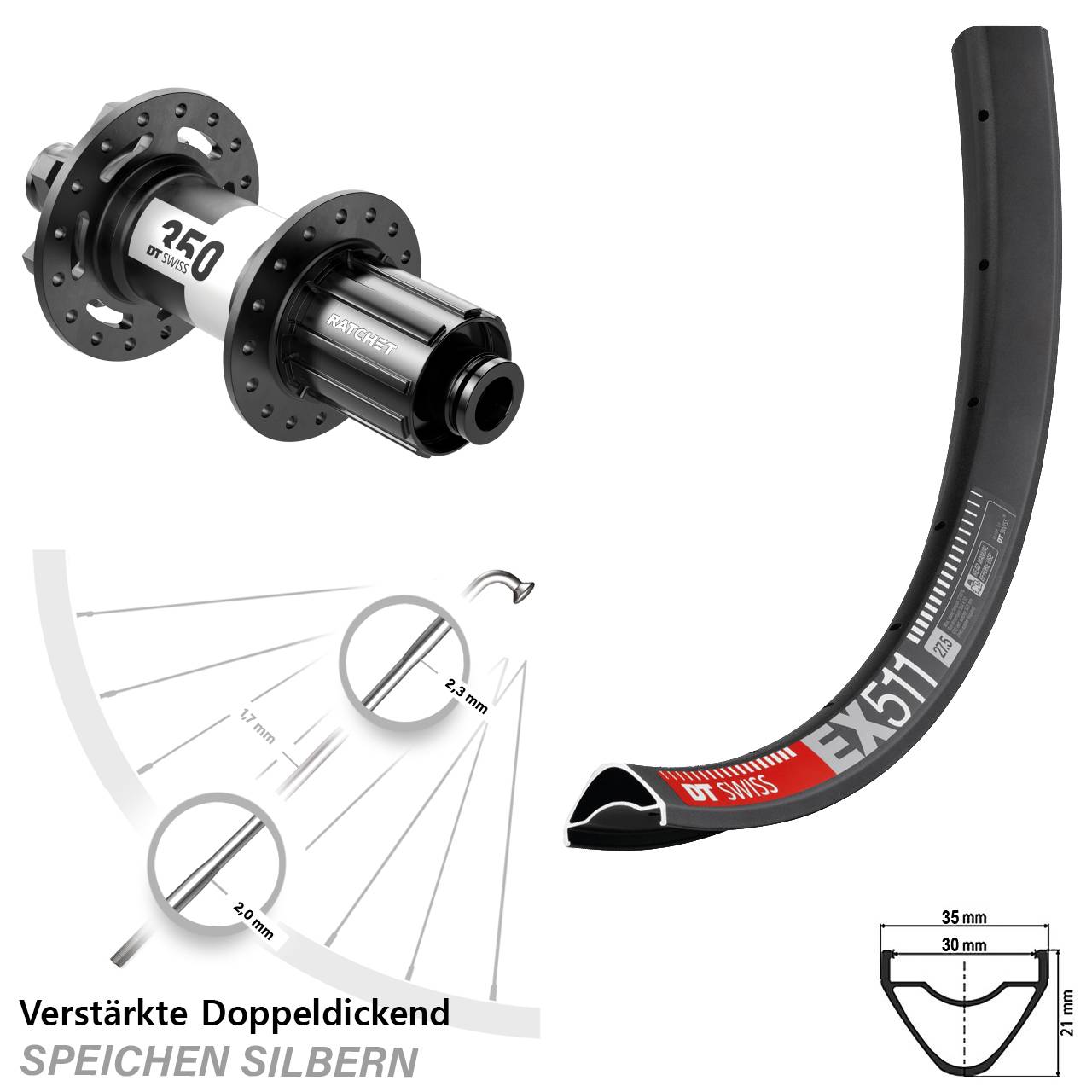 DT Swiss EX 511-350 Downhill 29 Zoll Disc Hinterrad 12x150 (DH alt) 8-11 fach HG